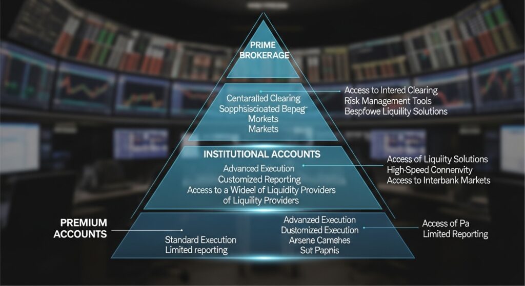 Pirámide de la infraestructura de Cuentas Institucionales de Forex que muestra la progresión desde cuentas premium hasta institucionales y niveles de prime brokerage