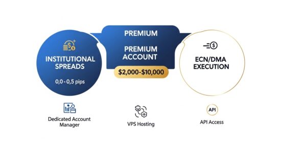 Premium Forex Accounts: Complete Guide for Serious Traders Premium forex accounts infographic showing institutional spreads, ECN execution, and dedicated support for $2,000-$10,000 accounts
