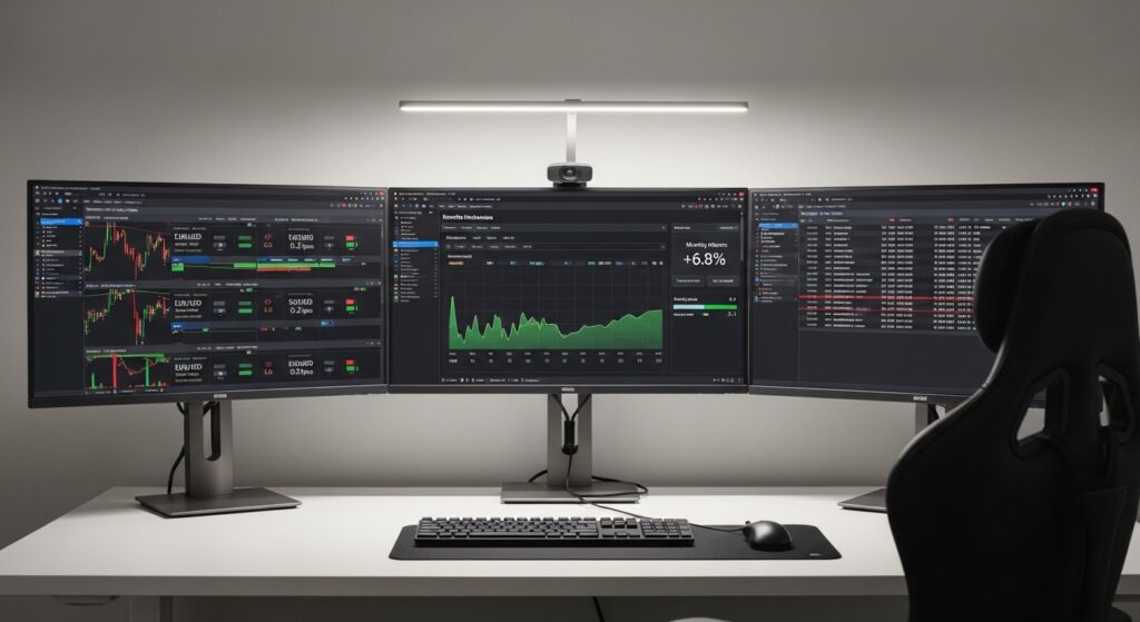 Premium Forex Accounts: Complete Guide for Serious Traders 3 Professional premium forex account trading setup with three monitors showing institutional spreads and advanced analytics