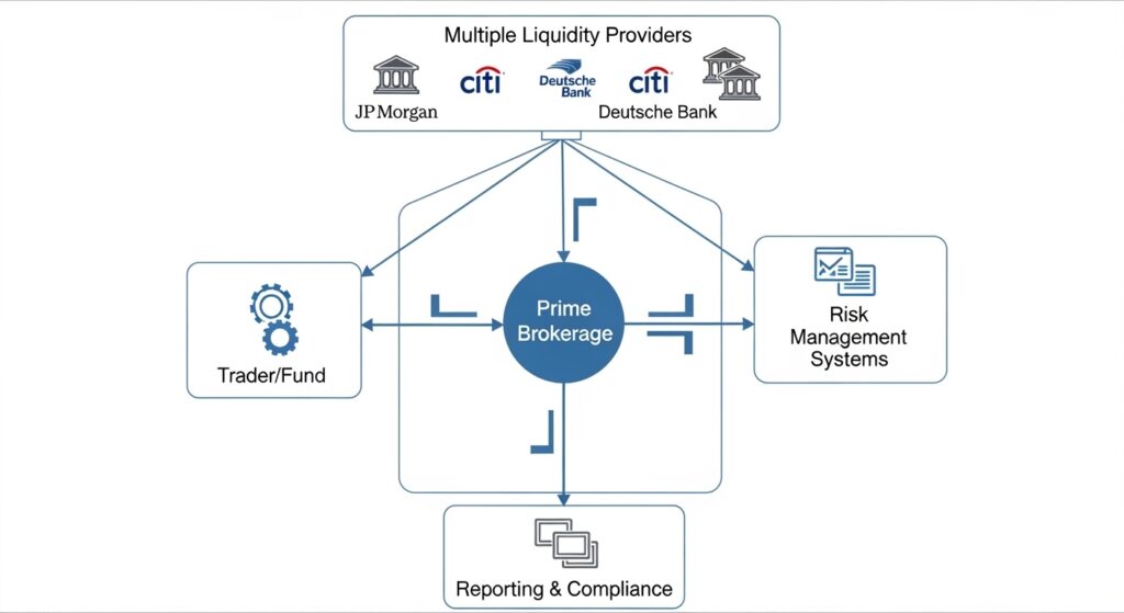 Institutional Forex Accounts: Complete Guide for Professional Traders 2 Prime brokerage architecture diagram showing institutional forex account connections to multiple liquidity providers and systems