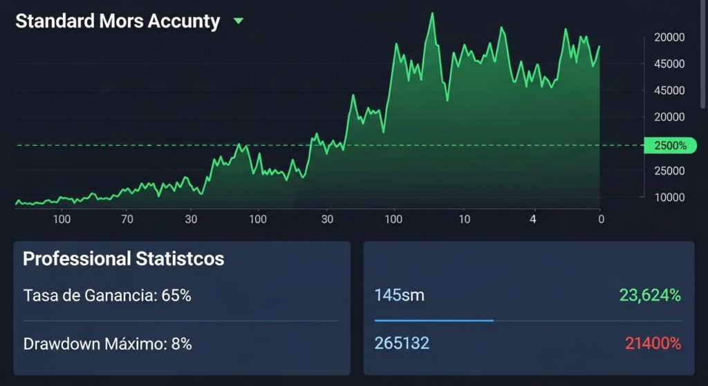 Gráfico de rendimiento mensual de cuenta estándar forex mostrando curva de capital y métricas de desempeño