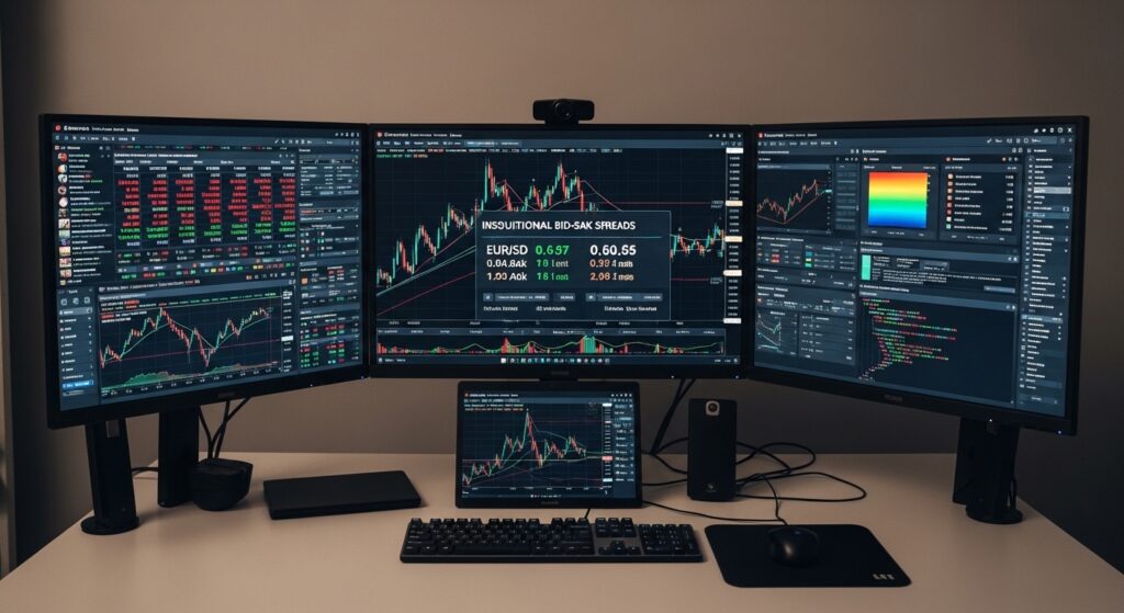 Cuentas Premium de Forex: Guía Completa para Operadores Serios 3 Configuración profesional de cuenta premium de forex con tres monitores mostrando spreads institucionales y análisis avanzados.