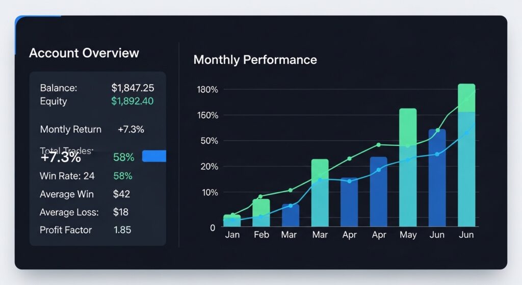 Forex standard account performance dashboard showing monthly returns, win rate, and equity curve for $1,847 account