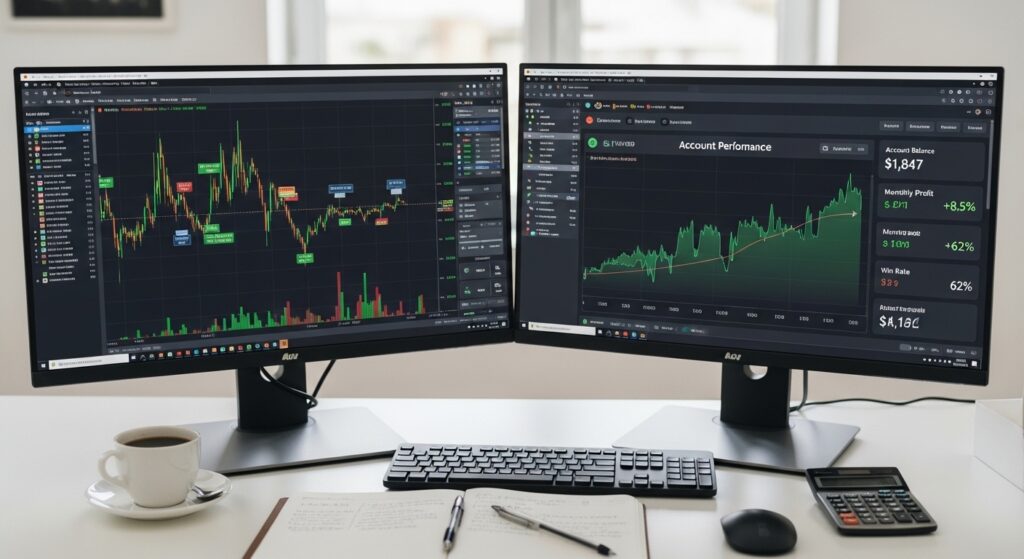 Professional forex trader workspace with dual monitors showing standard account trading platform and performance metrics