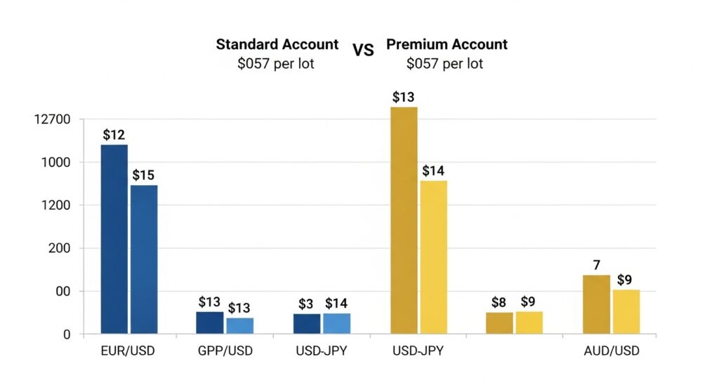 Premium Forex Accounts: Complete Guide for Serious Traders 4 Trading cost comparison chart showing premium forex accounts save $5-7 per lot versus standard accounts