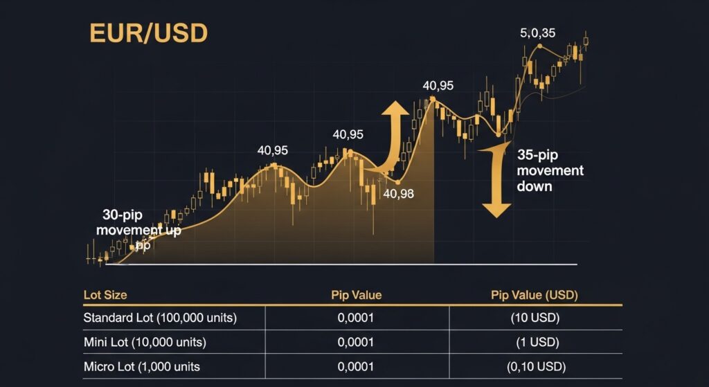 مخطط بياني لزوج EUR/USD يوضح ما هي نقاط الفوركس (Pips) وكيفية حساب قيمتها لأحجام اللوت المختلفة