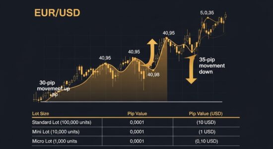 مخطط بياني لزوج EUR/USD يوضح ما هي نقاط الفوركس (Pips) وكيفية حساب قيمتها لأحجام اللوت المختلفة