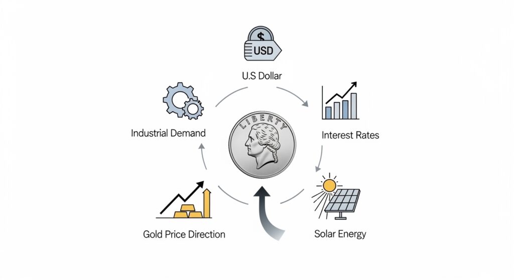 Infographic showing five silver price drivers: US Dollar, Interest Rates, Industrial Demand, Gold Price Direction, and Solar Energy affecting XAG/USD silver trading
