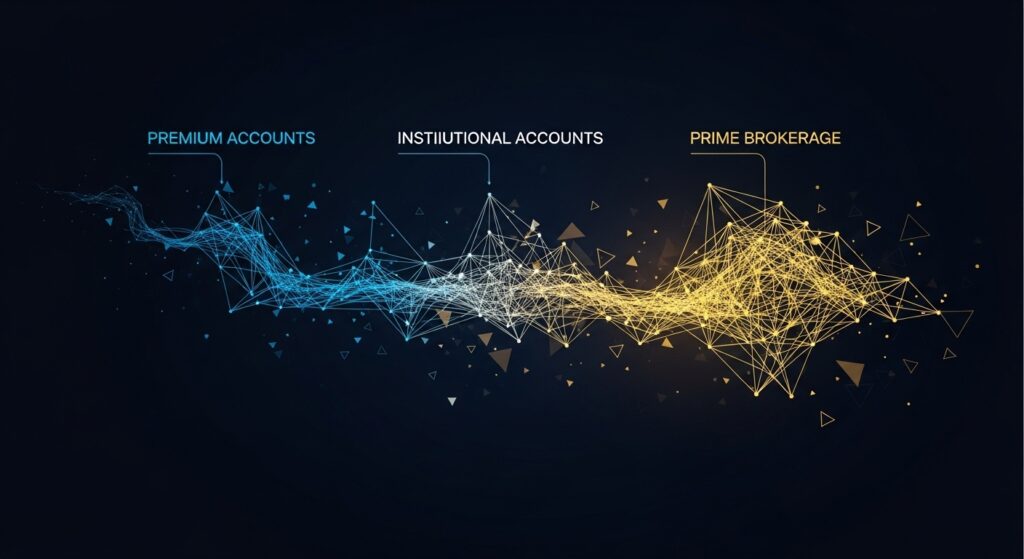 تصور لبنية حسابات الفوركس المؤسسية يوضح التدرج من مستوى الوساطة المميزة إلى المؤسسية وصولاً إلى مستوى الوساطة الرئيسية