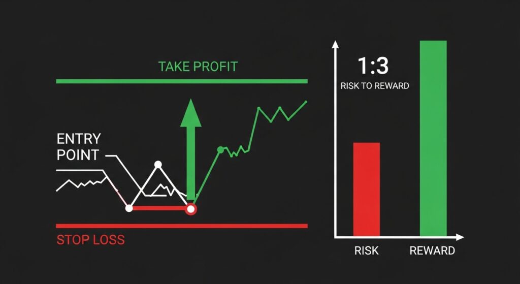 Diagrama de stop loss y take profit en forex mostrando punto de entrada, riesgo y recompensa
