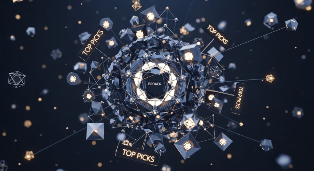 Abstract representation of forex broker selection using geometric data nodes and sophisticated 3D structures.