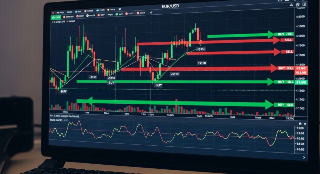 Gráfico de trading de forex mostrando posiciones de compra y venta en el mercado de divisa
