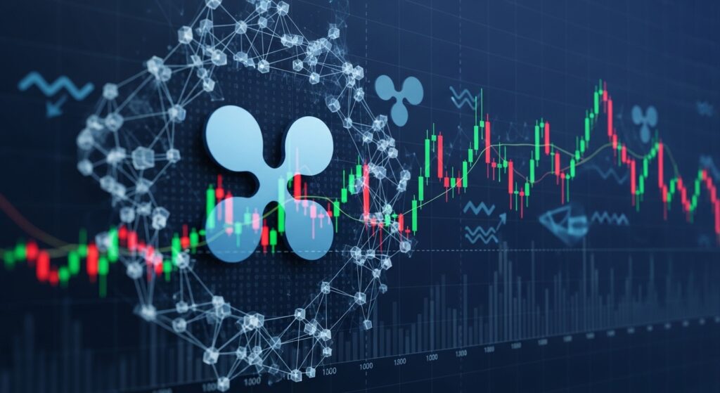 XRP Handel Leitfaden – Illustration mit XRP-Münze, Blockchain-Netzwerk, Candlestick-Chart und Ripple-Zahlungstechnologie auf dunkelblauem Hintergrund