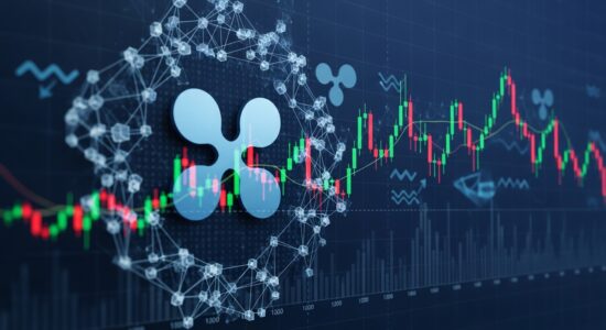 XRP Handel: Vollständiger Leitfaden für Anfänger XRP Handel Leitfaden – Illustration mit XRP-Münze, Blockchain-Netzwerk, Candlestick-Chart und Ripple-Zahlungstechnologie auf dunkelblauem Hintergrund