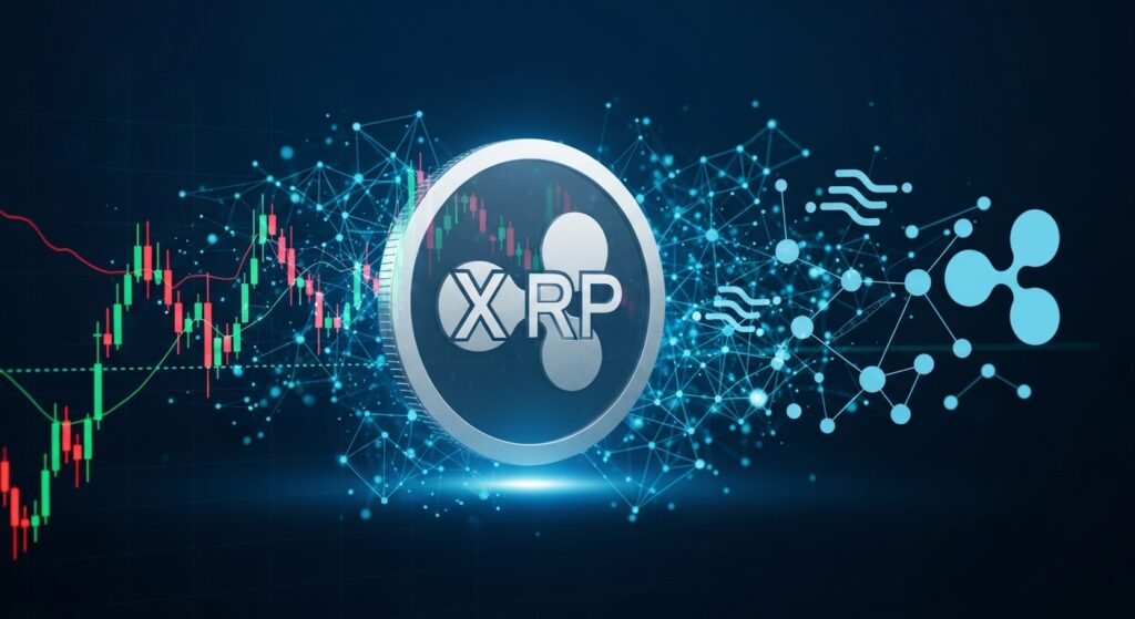 XRP Handel Leitfaden – Illustration mit XRP-Münze, Blockchain-Netzwerk, Candlestick-Chart und Ripple-Zahlungstechnologie auf dunkelblauem Hintergrund