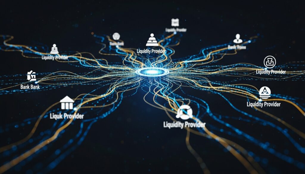 
تصور مرئي لشبكة تداول تربط مزودي السيولة المتعددين بمنصة تداول مركزية في الفوركس - ECN