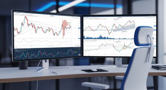 Mit Forex Geld verdienen – Trader analysiert EUR/USD Kursdiagramme mit Candlestick-Mustern und technischen Indikatoren auf professionellen Trading-Bildschirmen