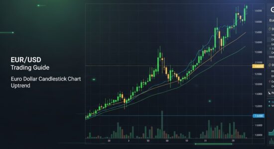 EUR/USD Handel: Vollständiger Strategieleitfaden für das meistgehandelte Paar der Welt EUR/USD Handel: Handelsleitfaden — Euro-Dollar Candlestick-Chart mit Aufwärtstrend und technischer Analyse