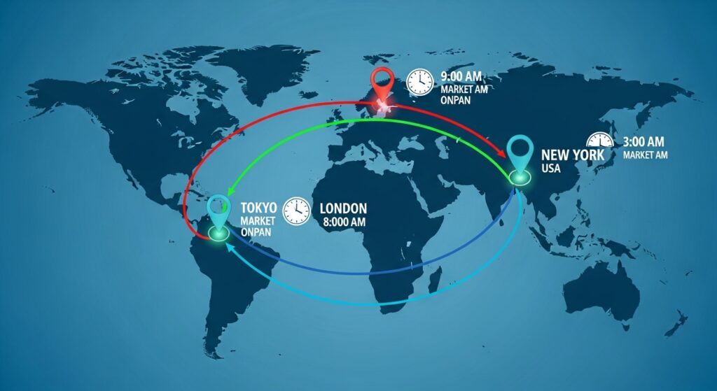 خريطة عالمية توضح جلسات تداول الفوركس الثلاث في طوكيو ولندن ونيويورك مع ساعات السوق والتوقيت - جلسات تداول الفوركس