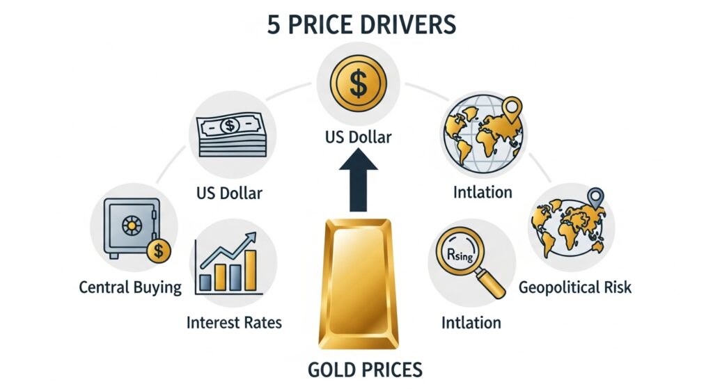 Infographic showing five gold price drivers: US Dollar, Interest Rates, Inflation, Geopolitical Risk, and Central Bank Buying affecting XAU/USD gold trading