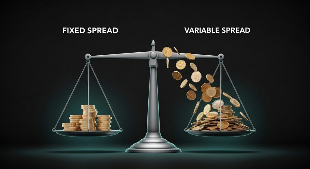 Spread im Forex — Vergleich zwischen festem und variablem Spread als Waage-Illustration