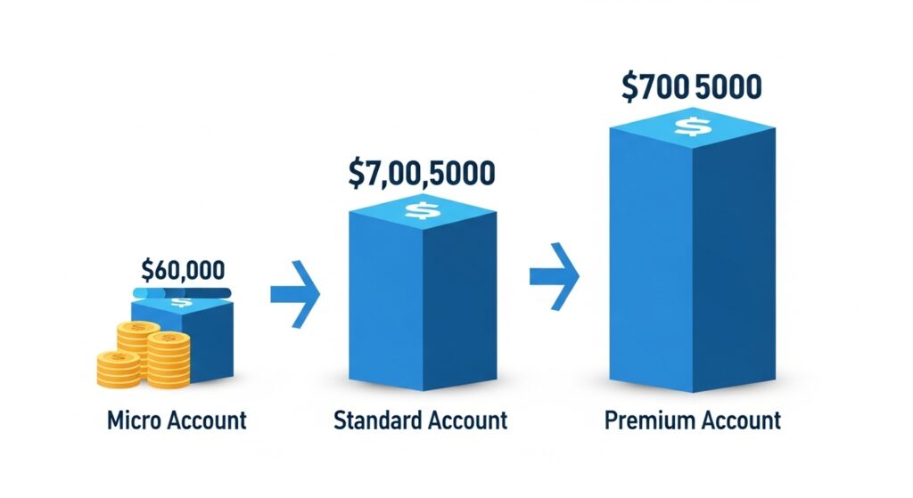 صورة توضيحية لأنواع الحسابات القياسية في الفوركس من المايكرو إلى القياسي إلى المتميز
