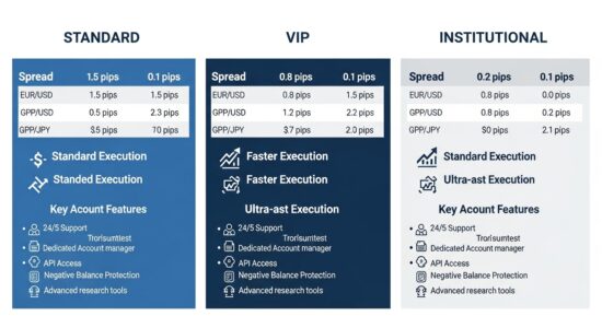 VIP Forex-Konten: Leitfaden für ernsthafte Trader VIP Forex-Konten Vergleich – Infografik zeigt Unterschiede zwischen Standard-, VIP- und institutionellen Forex-Konten bei Spreads, Ausführungsgeschwindigkeit und Kontofunktionen