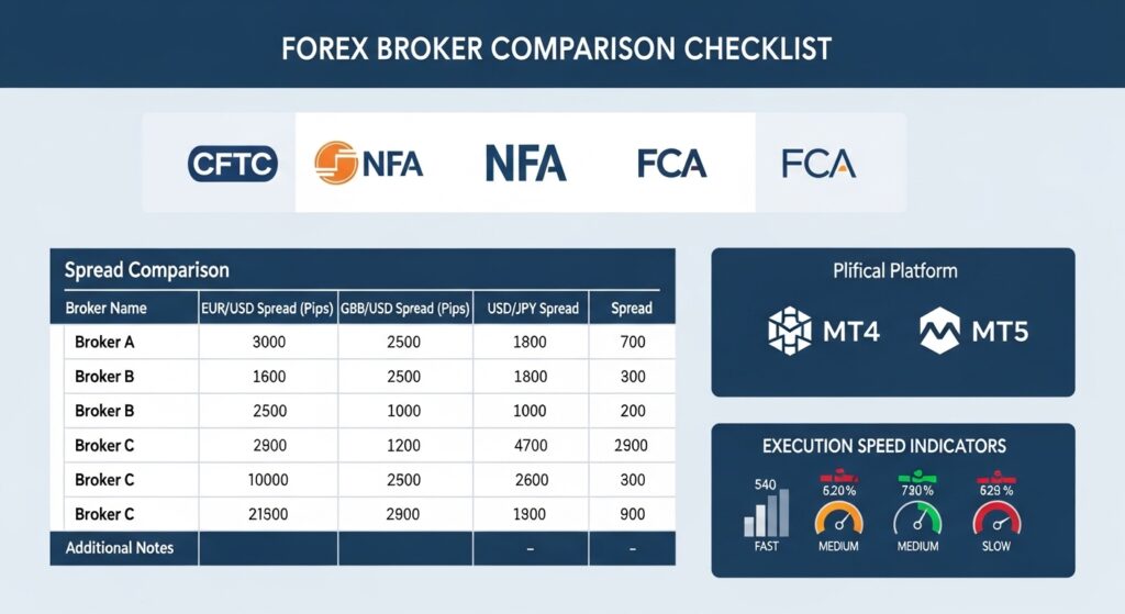 Beste Forex Broker Vergleich – Infografik zeigt Regulierungsbehörden CFTC, NFA, FCA, Spread-Vergleich und Plattformoptionen für die Brokerauswahl
