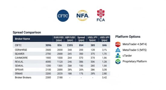 Best forex brokers comparison infographic showing regulatory authorities CFTC NFA FCA, spread comparison and platform options for broker selection