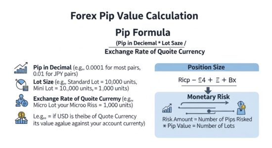 Pip-Wert berechnen im Forex — Infografik mit Formel, Positionsgröße und monetärem Risiko