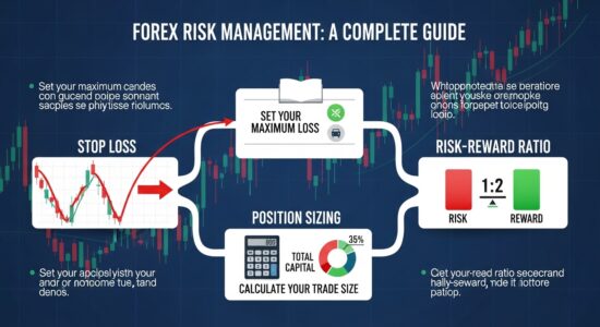 Forex-Risikomanagement Infografik mit Stop-Loss, Positionsgröße und Risiko-Ertrags-Verhältnis