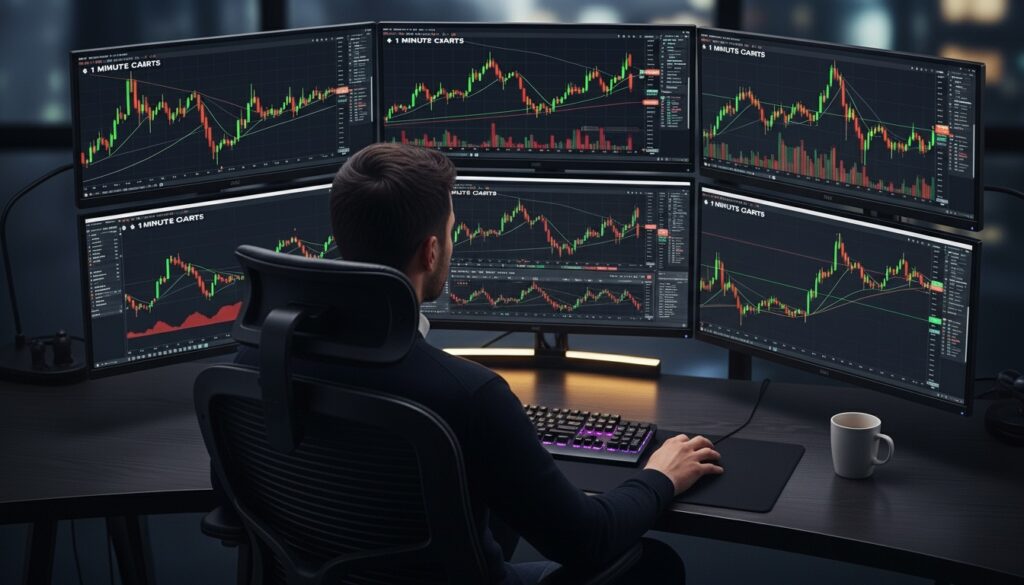 Forex-Scalping Leitfaden — Day-Trader mit mehreren Monitoren und 1-Minuten-Charts EUR/USD professionelles Trading-Setup