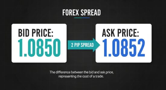 Infografía explicando el spread en forex con precio bid 1.0850 y ask 1.0852 mostrando una diferencia de 2 pips