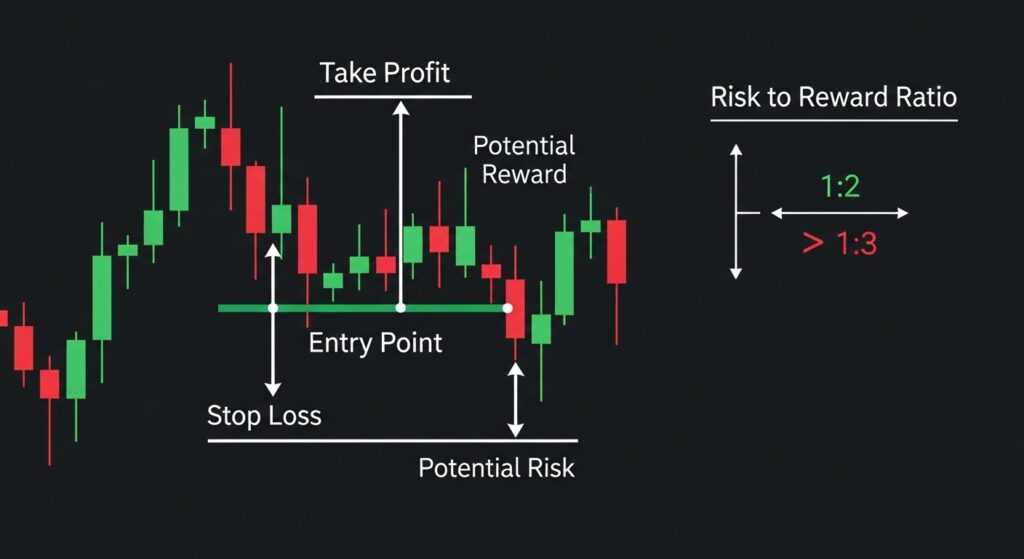 Diagrama de stop loss y take profit en forex mostrando punto de entrada, riesgo y recompensa