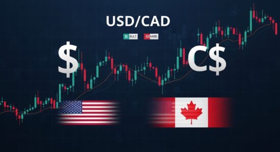 USD/CAD Handel: Die Dynamik des Paares verstehen USD/CAD Handel Leitfaden – Währungspaar-Grafik mit US-Dollar- und Kanadischer-Dollar-Symbol, Candlestick-Chart und Flaggen der USA und Kanada auf dunkelblauem Finanzhintergrund