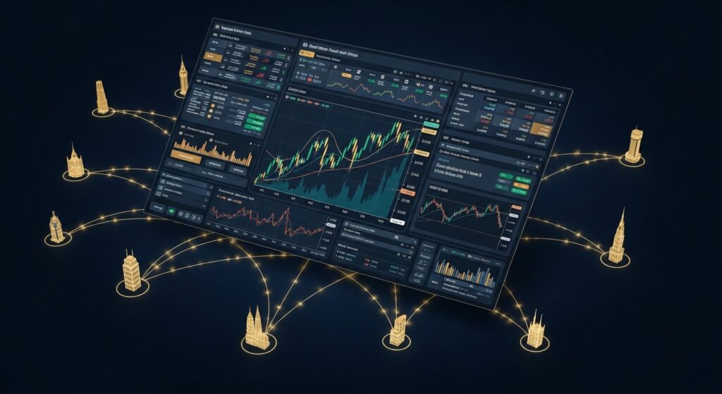 ما هو تداول الفوركس ? رسم توضيحي لشاشة تداول الفوركس مع أزواج العملات والرسوم البيانية وخريطة تربط المراكز المالية العالمية