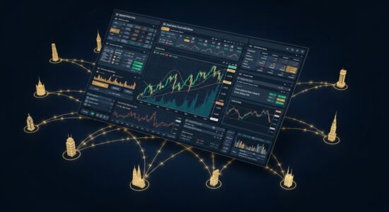 ما هو تداول الفوركس ? رسم توضيحي لشاشة تداول الفوركس مع أزواج العملات والرسوم البيانية وخريطة تربط المراكز المالية العالمية