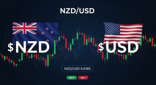 NZD/USD Handel Leitfaden – Währungspaar-Grafik mit Neuseeländischem Dollar und US-Dollar-Symbol, Candlestick-Chart und Flaggen von Neuseeland und den USA auf dunkelblauem Finanzhintergrund