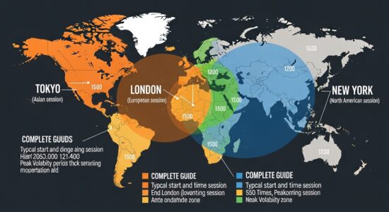Forex-Handelssitzungen Weltkarte mit Tokio-, London- und New Yorker Marktzeiten im Überblick