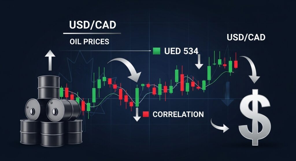 USD/CAD Handel – Infografik zu den wichtigsten Einflussfaktoren des Loonie-Währungspaares, einschließlich Rohölpreise, Zinsdifferenzen, US-Kanada-Handelsbilanz und Marktstimmung