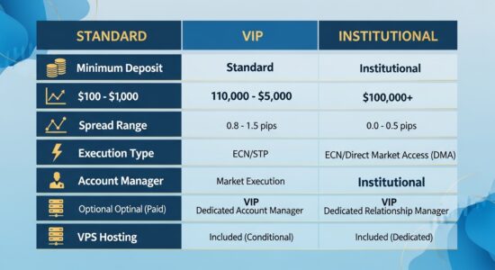 Infografía comparativa cuentas forex: estándar vs VIP vs institucional - spreads y condiciones de trading