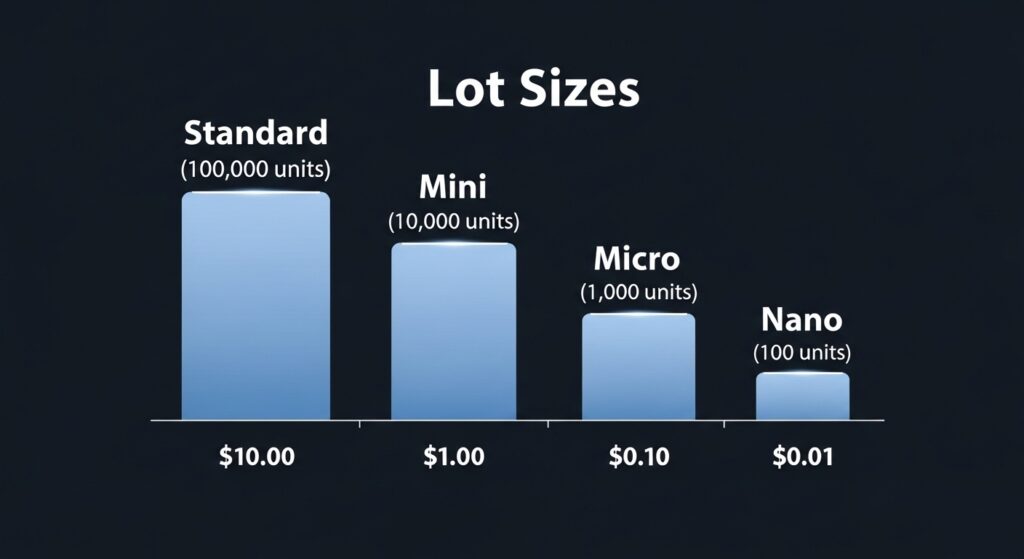 Infografía que muestra los tamaños de lote en forex: lote estándar, minilote y microlote con sus unidades y valores de pip correspondientes
