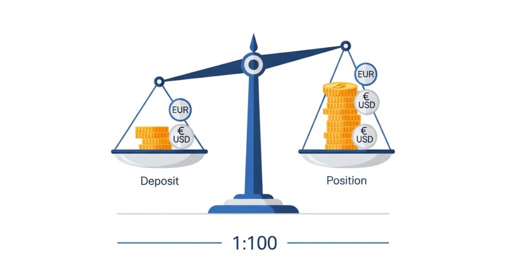 كيفية عمل الرافعة المالية في الفوركس، حيث يظهر إيداع صغير على الجهة اليسرى من ميزان يتحكم في مركز تداول أكبر بكثير على الجهة اليمنى، مع رموز العملات (EUR و USD) ونسبة 1:100