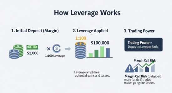 Diagrama paso a paso mostrando cómo funciona el apalancamiento en forex desde el depósito hasta el poder de trading