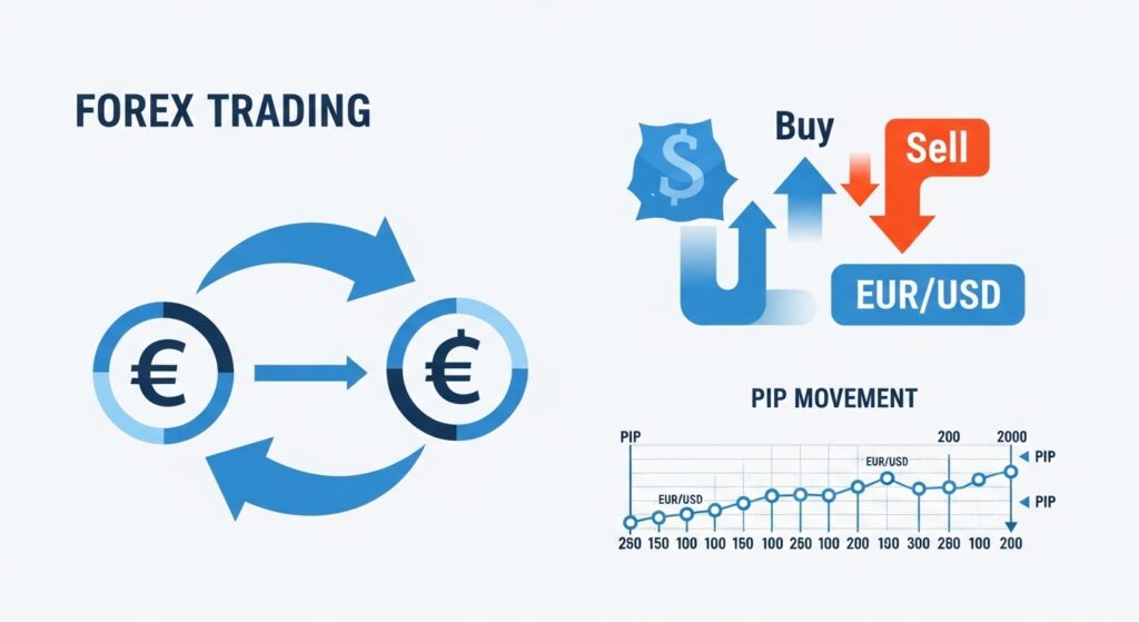 Forex Trading für Anfänger – Infografik zeigt Währungspaar EUR/USD, Kauf- und Verkaufspositionen, Pip-Bewegungen und Grundlagen des Devisenhandels