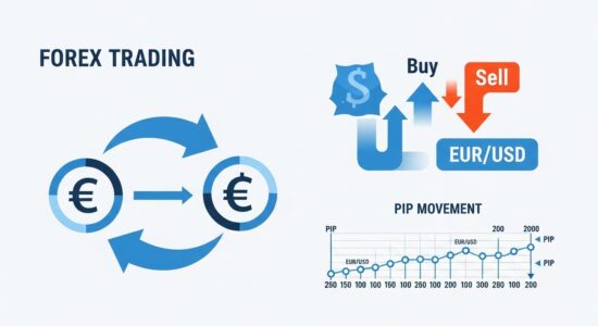 Forex Trading für Anfänger: Vollständiger Leitfaden Forex Trading für Anfänger – Infografik zeigt Währungspaar EUR/USD, Kauf- und Verkaufspositionen, Pip-Bewegungen und Grundlagen des Devisenhandels