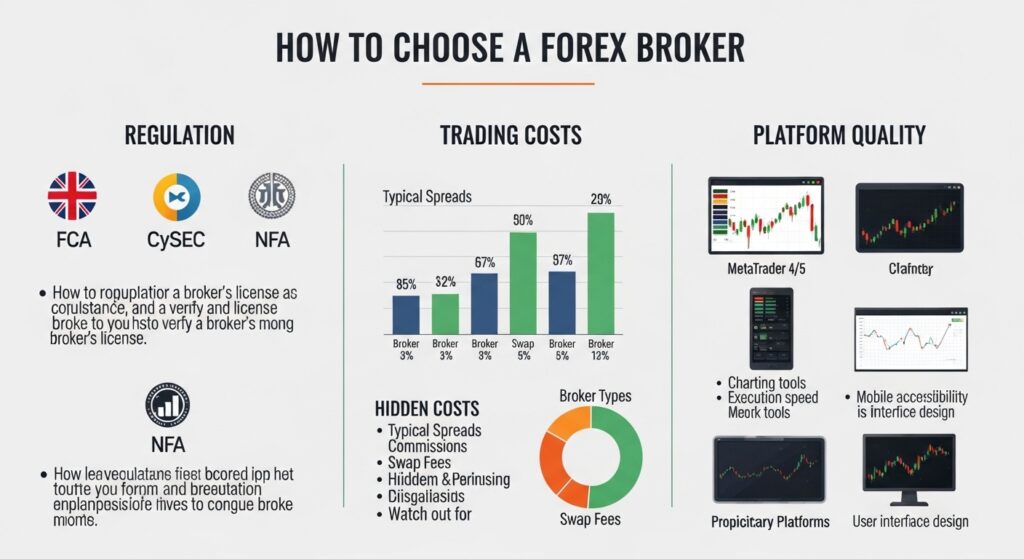 Wie man einen Forex-Broker wählt — Infografik mit Regulierung, Handelskosten und Plattformqualität