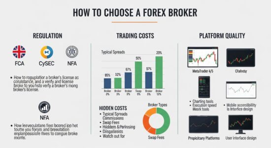 Wie man einen Forex-Broker wählt: Vollständiger Leitfaden Wie man einen Forex-Broker wählt — Infografik mit Regulierung, Handelskosten und Plattformqualität