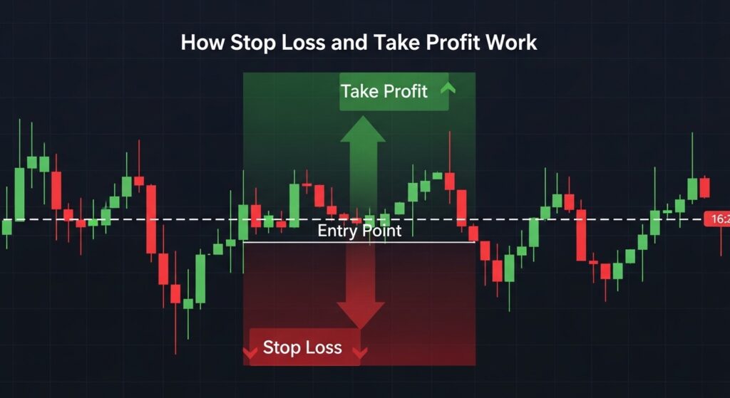 كيفية تحديد وقف الخسارة في الفوركس وجني الأرباح: الدليل الشامل 1 رسم بياني يوضح كيفية تحديد وقف الخسارة وجني الأرباح على زوج EUR/USD في الفوركس