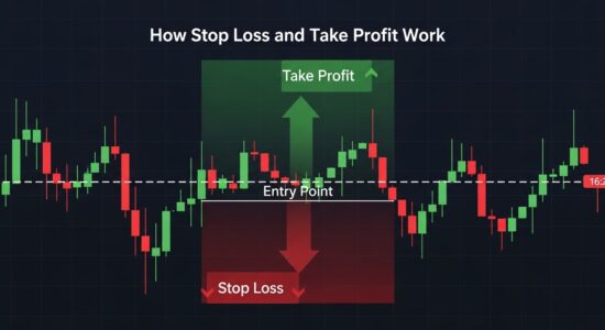 رسم بياني يوضح كيفية تحديد وقف الخسارة وجني الأرباح على زوج EUR/USD في الفوركس